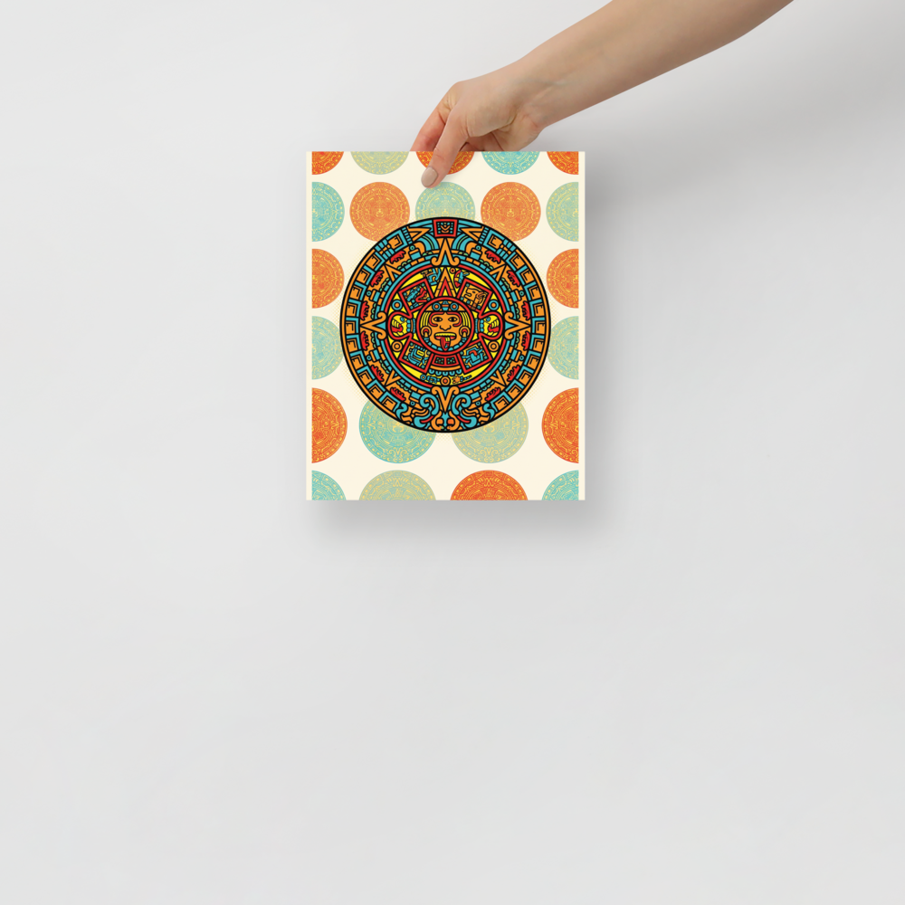 'Pop Aztec Sun' — a Pop art print. A pop art style illustration of the Aztec sun stone in bright cyan, red, and yellow, surrounded by a repeating pattern of faded sun stones on a cream background, perfect for a Living Room.