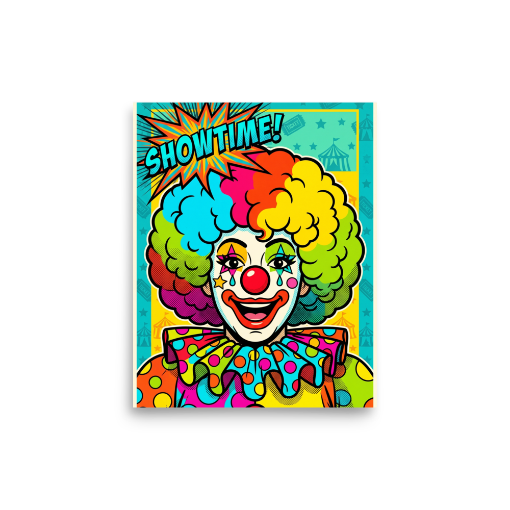 'Showtime Pop Clown' — a Pop art print. A pop art comic style illustration of a smiling clown with rainbow hair and a 'SHOWTIME!' text bubble, perfect for a lively Game Room.
