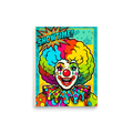 'Showtime Pop Clown' — a Pop art print. A pop art comic style illustration of a smiling clown with rainbow hair and a 'SHOWTIME!' text bubble, perfect for a lively Game Room.