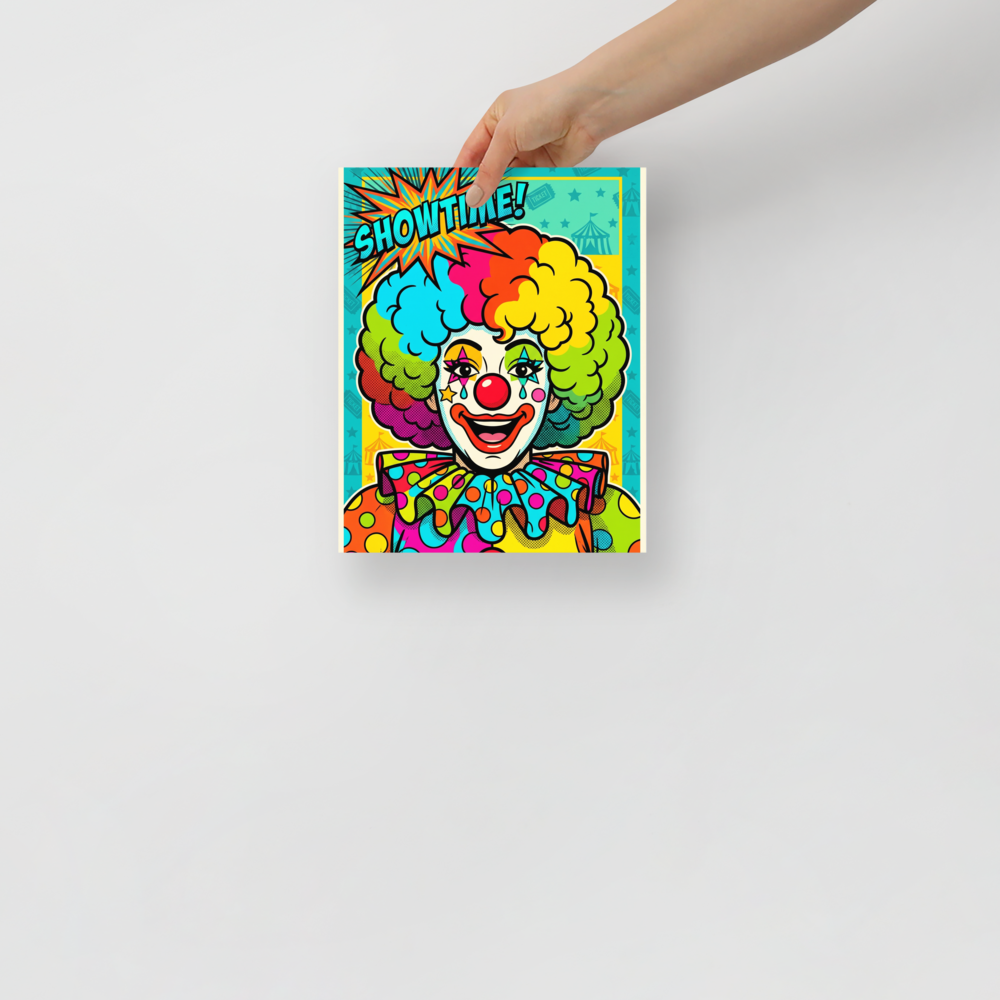 'Showtime Pop Clown' — a Pop art print. A pop art comic style illustration of a smiling clown with rainbow hair and a 'SHOWTIME!' text bubble, perfect for a lively Game Room.
