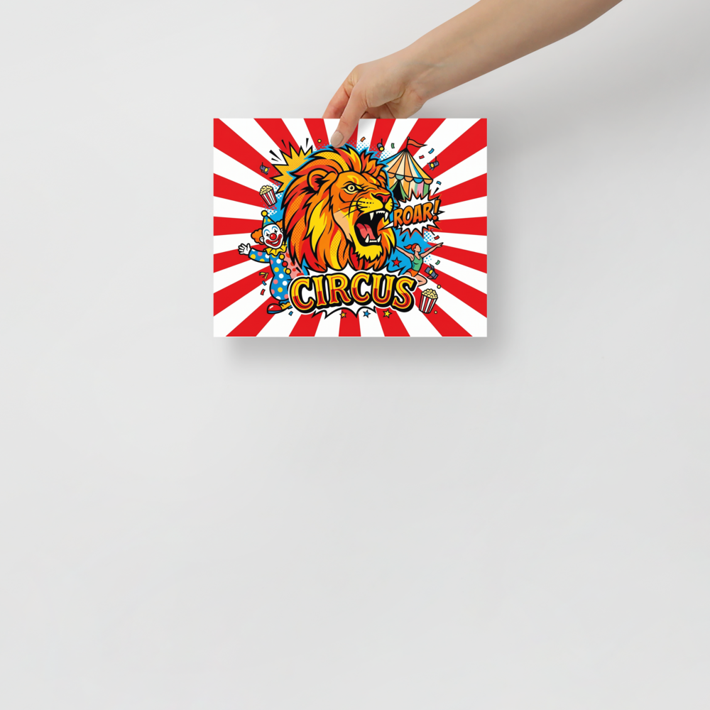 'Roar of the Circus' — a Pop art print. A vibrant pop art poster featuring a roaring lion, a clown, and an acrobat against a red and white sunburst, ideal for a bold Playroom or Game Room.