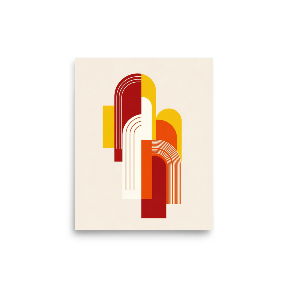 'Sunset Arches' — a Geometric abstract art print. Abstract geometric art featuring intersecting red, orange, and yellow arches, ideal for an Entryway.