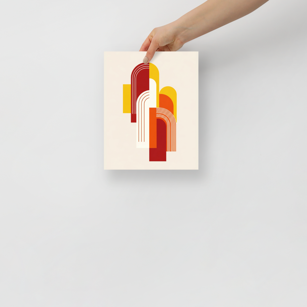 'Sunset Arches' — a Geometric abstract art print. Abstract geometric art featuring intersecting red, orange, and yellow arches, ideal for an Entryway.