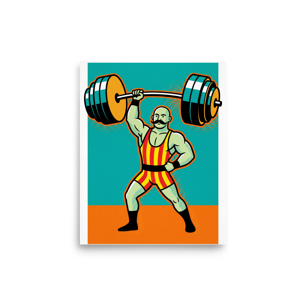 'The Mighty Lifter' — a Pop art print. A retro pop art illustration of a muscular strongman lifting a heavy barbell with one hand against a teal and orange background, perfect for a home Gym.