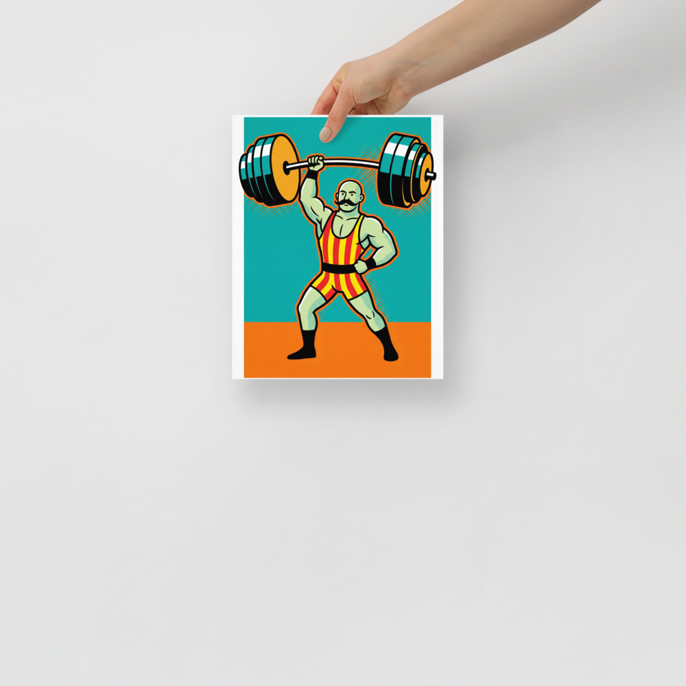 'The Mighty Lifter' — a Pop art print. A retro pop art illustration of a muscular strongman lifting a heavy barbell with one hand against a teal and orange background, perfect for a home Gym.