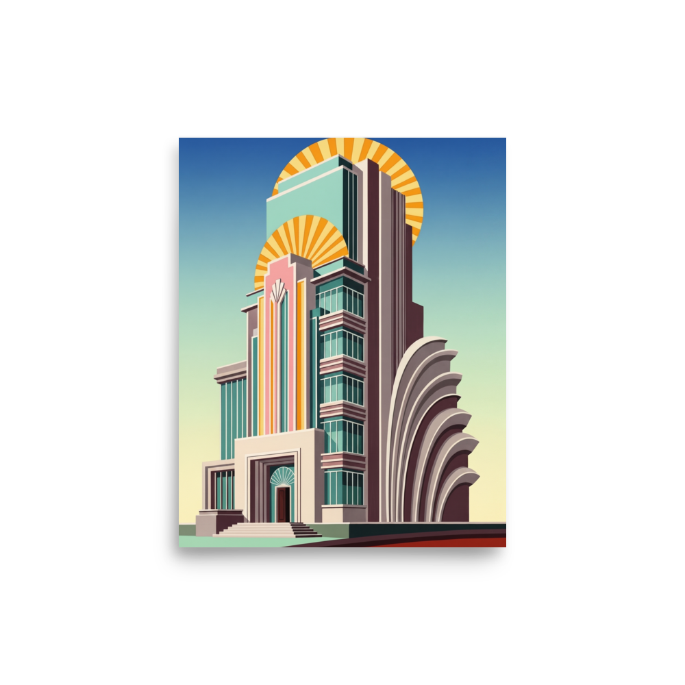 'Deco Metropolis' — a Art Deco print. A stylized illustration of a towering Art Deco skyscraper with a vibrant sunburst backdrop, suited for a Living Room.