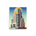 'Deco Metropolis' — a Art Deco print. A stylized illustration of a towering Art Deco skyscraper with a vibrant sunburst backdrop, suited for a Living Room.