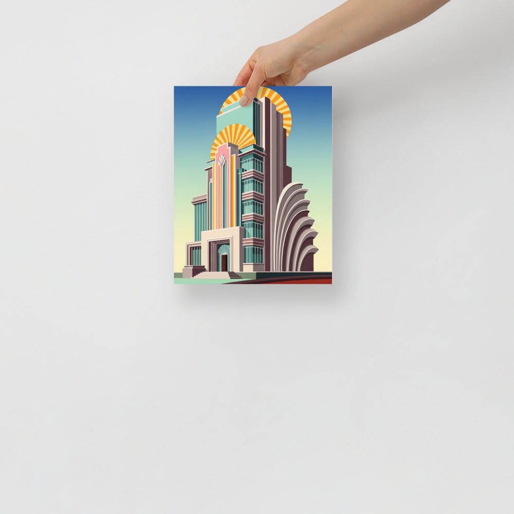 'Deco Metropolis' — a Art Deco print. A stylized illustration of a towering Art Deco skyscraper with a vibrant sunburst backdrop, suited for a Living Room.