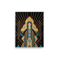'Deco Empress' — a Art Deco print. An elegant Art Deco portrait of a woman in geometric black and blue garments against a golden sunburst, perfect for a Bedroom.