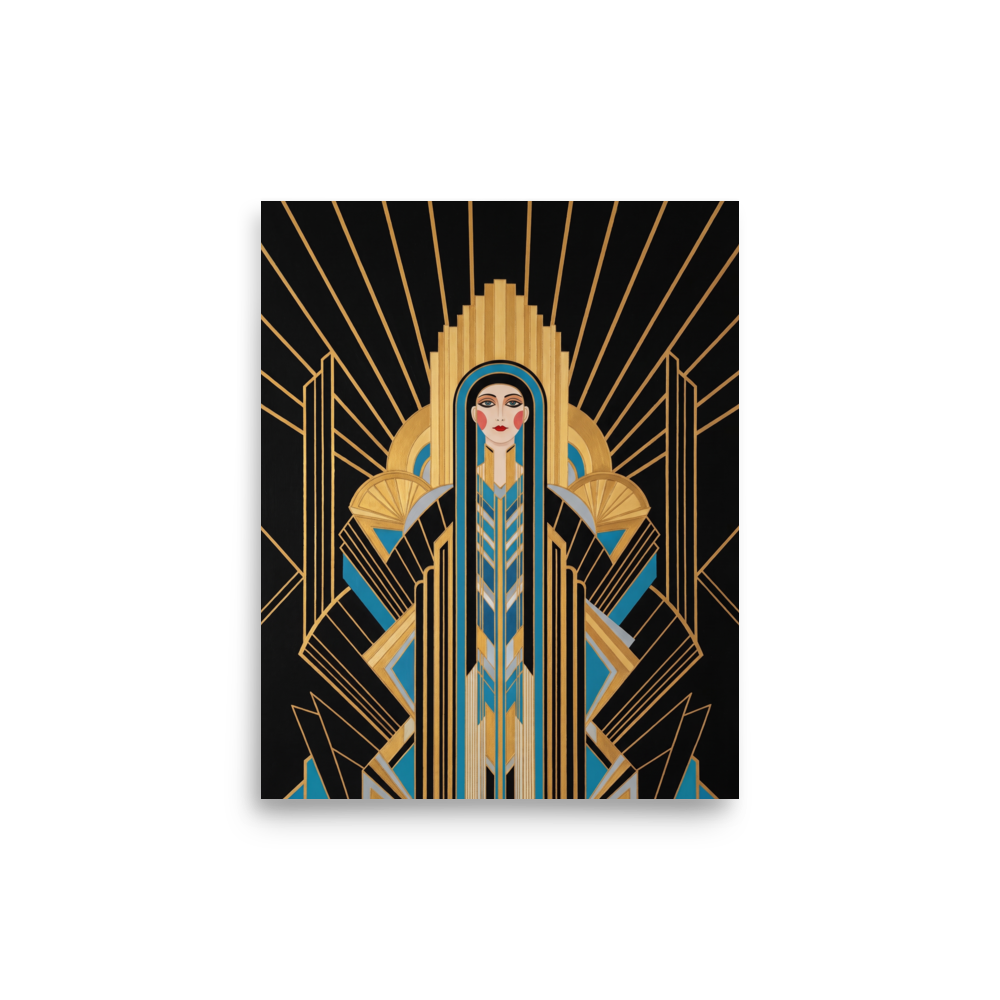 'Deco Empress' — a Art Deco print. An elegant Art Deco portrait of a woman in geometric black and blue garments against a golden sunburst, perfect for a Bedroom.