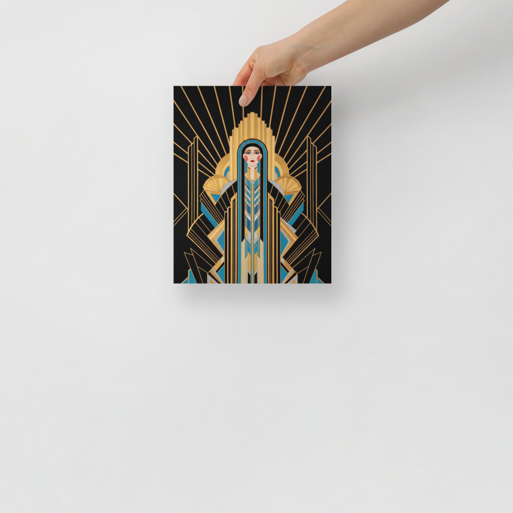 'Deco Empress' — a Art Deco print. An elegant Art Deco portrait of a woman in geometric black and blue garments against a golden sunburst, perfect for a Bedroom.