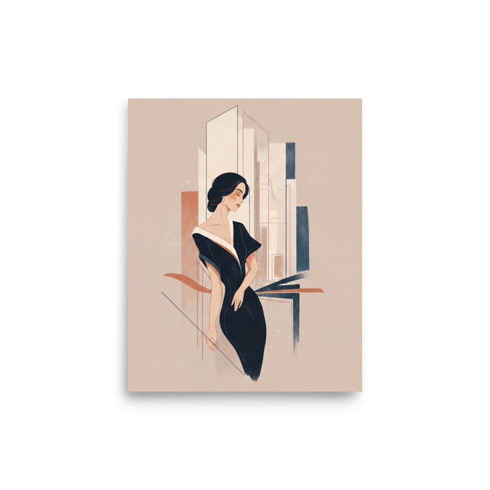 'Midnight Chic' — a Art Deco print. A chic, minimalist illustration of a woman in a black dress against a soft geometric background, suited for a Walk-in Closet.