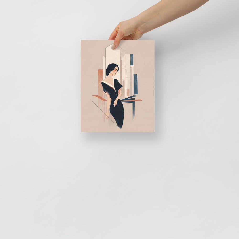'Midnight Chic' — a Art Deco print. A chic, minimalist illustration of a woman in a black dress against a soft geometric background, suited for a Walk-in Closet.