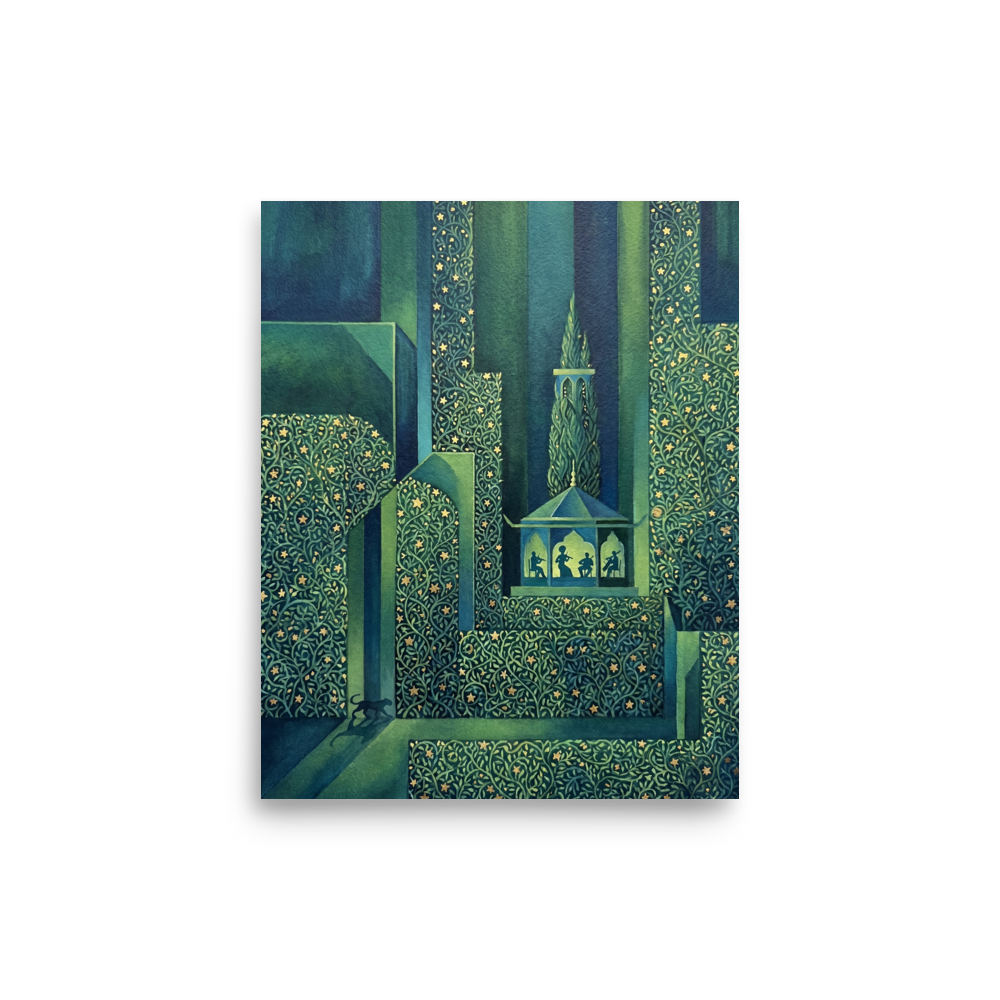 'Starlight Serenade' — a Art Deco print. A magical garden at night with geometric hedges, golden stars, and silhouettes of musicians playing in a gazebo, ideal for a Sunroom.