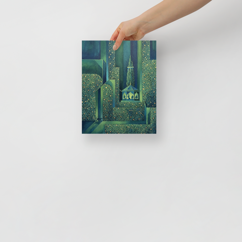 'Starlight Serenade' — a Art Deco print. A magical garden at night with geometric hedges, golden stars, and silhouettes of musicians playing in a gazebo, ideal for a Sunroom.