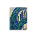 'Malachite Palace' — a Art Deco print. An intricate illustration of green and blue Art Deco arches with gold stars, framing a small traditional pavilion and a leopard, suited for a Library.
