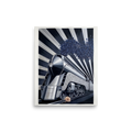 'The Aviary Express' — a Art Deco,Surrealism print. A surreal Art Deco illustration of a vintage train with blue birds flying out of the smokestack against black and white stripes, perfect for an Office.