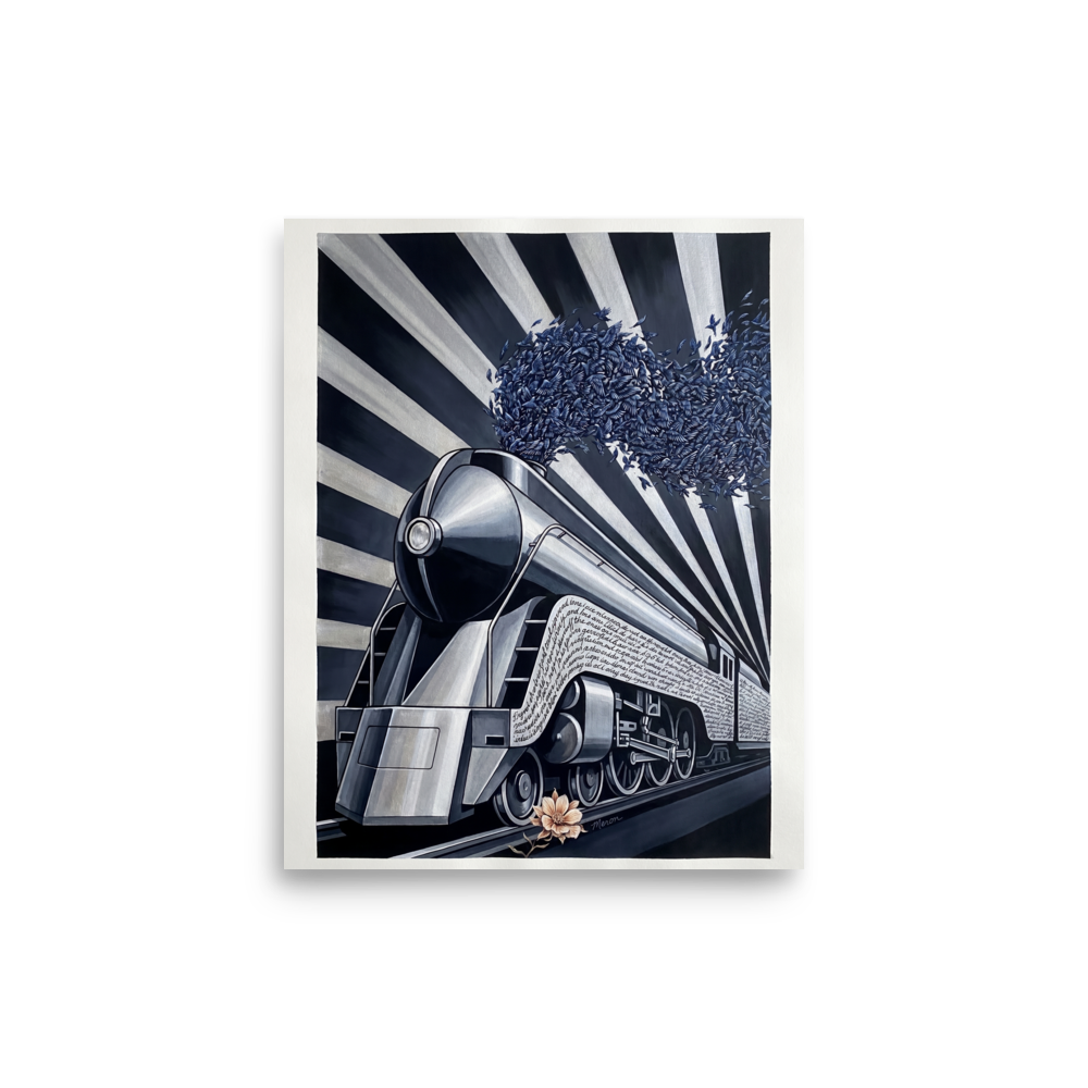 'The Aviary Express' — a Art Deco,Surrealism print. A surreal Art Deco illustration of a vintage train with blue birds flying out of the smokestack against black and white stripes, perfect for an Office.