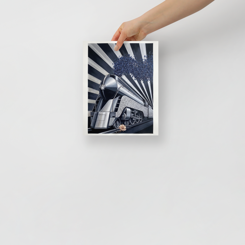 'The Aviary Express' — a Art Deco,Surrealism print. A surreal Art Deco illustration of a vintage train with blue birds flying out of the smokestack against black and white stripes, perfect for an Office.