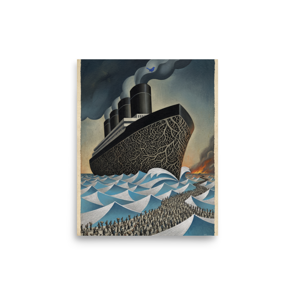 'The Rooted Voyage' — a Surrealism,Art Deco print. A surreal painting of a massive ship with a root-like hull navigating sharp waves, with a line of people walking towards it, ideal for a Library.