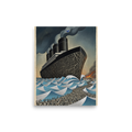 'The Rooted Voyage' — a Surrealism,Art Deco print. A surreal painting of a massive ship with a root-like hull navigating sharp waves, with a line of people walking towards it, ideal for a Library.