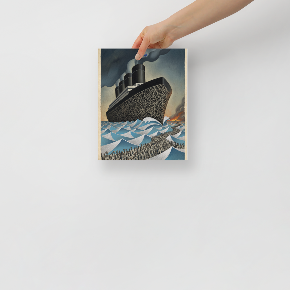 'The Rooted Voyage' — a Surrealism,Art Deco print. A surreal painting of a massive ship with a root-like hull navigating sharp waves, with a line of people walking towards it, ideal for a Library.