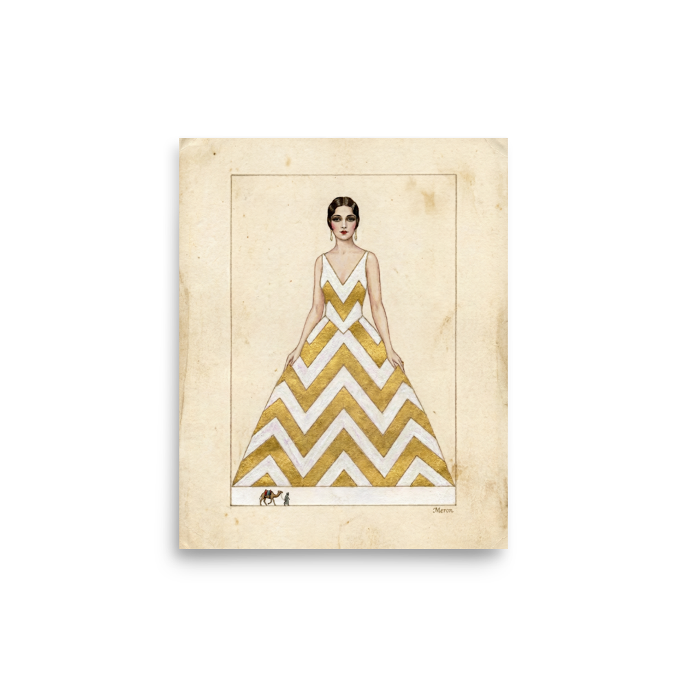 'The Golden Chevron' — a Art Deco,Surrealism print. A vintage fashion illustration of a woman in a gold chevron dress with a tiny camel and rider at her feet, suited for a Walk-in Closet.