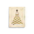 'The Golden Chevron' — a Art Deco,Surrealism print. A vintage fashion illustration of a woman in a gold chevron dress with a tiny camel and rider at her feet, suited for a Walk-in Closet.