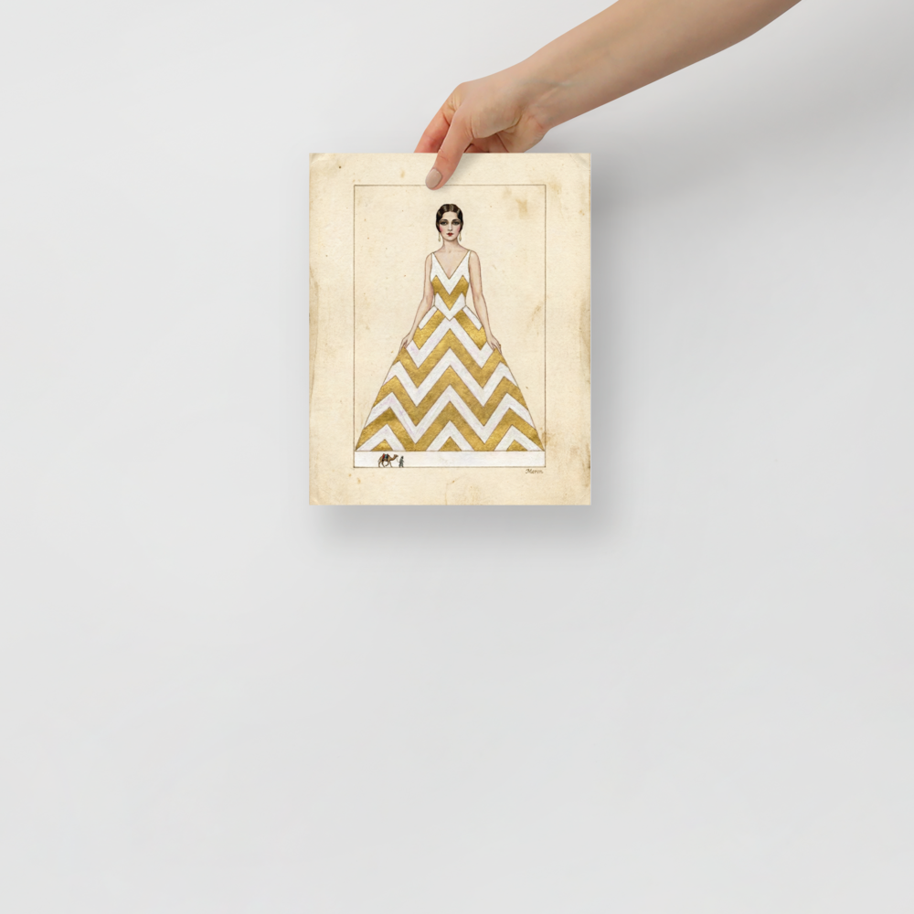 'The Golden Chevron' — a Art Deco,Surrealism print. A vintage fashion illustration of a woman in a gold chevron dress with a tiny camel and rider at her feet, suited for a Walk-in Closet.