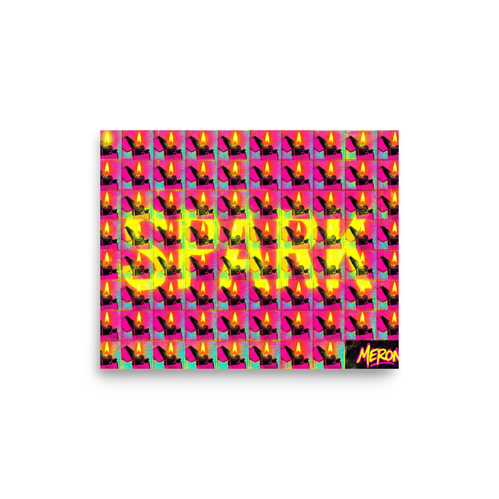 'Magenta Spark Grid' — a Pop art print. A pop art grid of flaming flip lighters in hot pink and magenta with the word 'SPARK' overlaid in large yellow letters, perfect for a Cigar Lounge.
