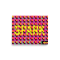 'Magenta Spark Grid' — a Pop art print. A pop art grid of flaming flip lighters in hot pink and magenta with the word 'SPARK' overlaid in large yellow letters, perfect for a Cigar Lounge.