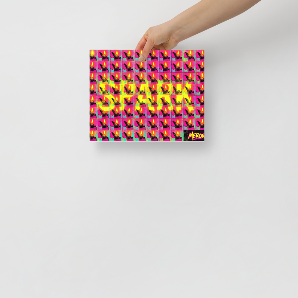 'Magenta Spark Grid' — a Pop art print. A pop art grid of flaming flip lighters in hot pink and magenta with the word 'SPARK' overlaid in large yellow letters, perfect for a Cigar Lounge.