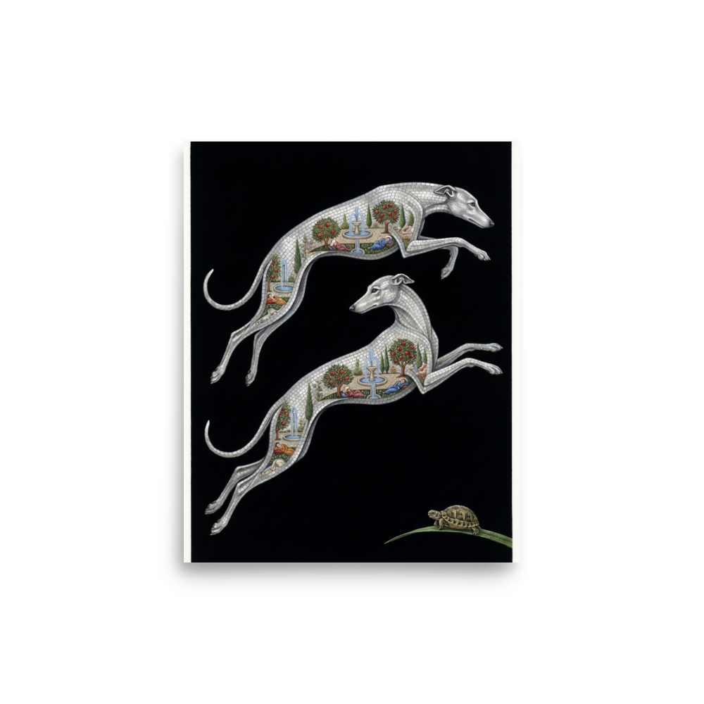 'Greyhound Gardens' — a Art Deco print. A surreal Art Deco illustration of two leaping mosaic greyhounds with miniature gardens inside their bodies, alongside a small tortoise, perfect for a modern Living Room.
