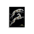 'Greyhound Gardens' — a Art Deco print. A surreal Art Deco illustration of two leaping mosaic greyhounds with miniature gardens inside their bodies, alongside a small tortoise, perfect for a modern Living Room.