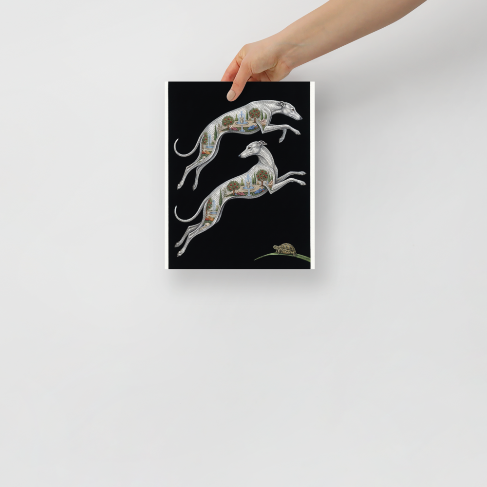 'Greyhound Gardens' — a Art Deco print. A surreal Art Deco illustration of two leaping mosaic greyhounds with miniature gardens inside their bodies, alongside a small tortoise, perfect for a modern Living Room.