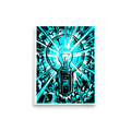 'Cyan Eureka' — a Pop art print. A high-contrast cyan and black pop art illustration of a glowing lightbulb emitting radiating beams of light, ideal for an Office.