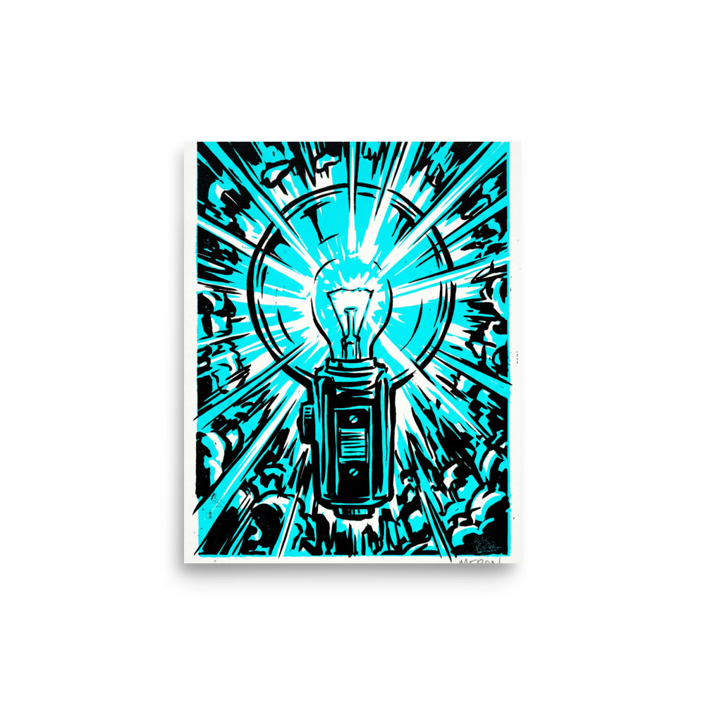 'Cyan Eureka' — a Pop art print. A high-contrast cyan and black pop art illustration of a glowing lightbulb emitting radiating beams of light, ideal for an Office.