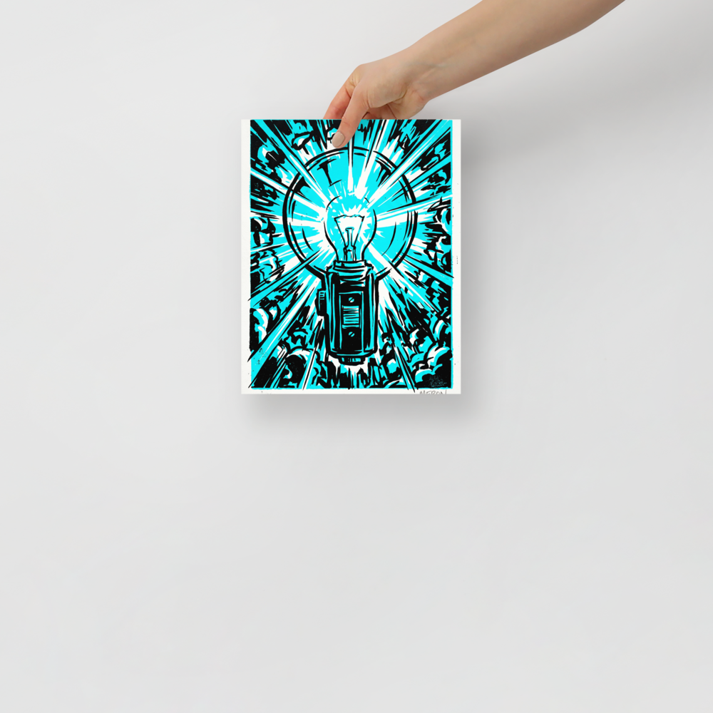 'Cyan Eureka' — a Pop art print. A high-contrast cyan and black pop art illustration of a glowing lightbulb emitting radiating beams of light, ideal for an Office.