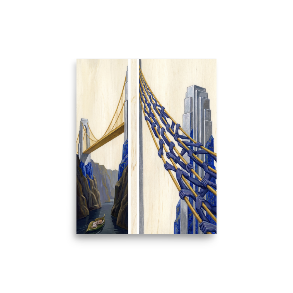 'The Pillars of Dreams' — a Art Deco,Surrealism print. A surreal Art Deco diptych painting showing a baby floating down a river beneath a giant golden bridge, whose cables are revealed to be held by dozens of blue hands.