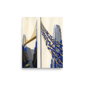 'The Pillars of Dreams' — a Art Deco,Surrealism print. A surreal Art Deco diptych painting showing a baby floating down a river beneath a giant golden bridge, whose cables are revealed to be held by dozens of blue hands.