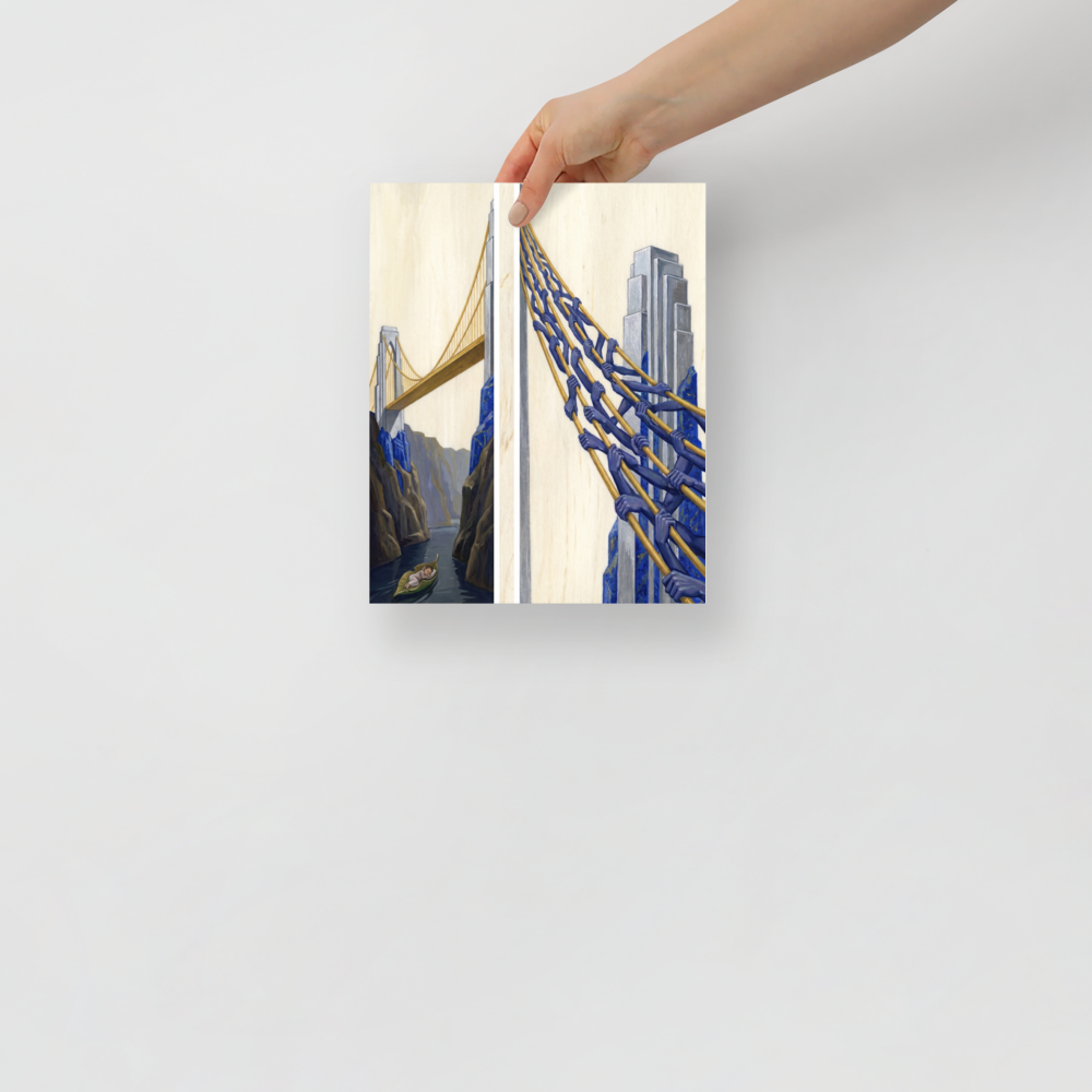 'The Pillars of Dreams' — a Art Deco,Surrealism print. A surreal Art Deco diptych painting showing a baby floating down a river beneath a giant golden bridge, whose cables are revealed to be held by dozens of blue hands.