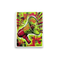 'Loud & Clear' — a Pop art print. A grungy pop art illustration of a red megaphone shouting typography like 'LOUD' and 'SPEAK UP!' against a lime green and red background.