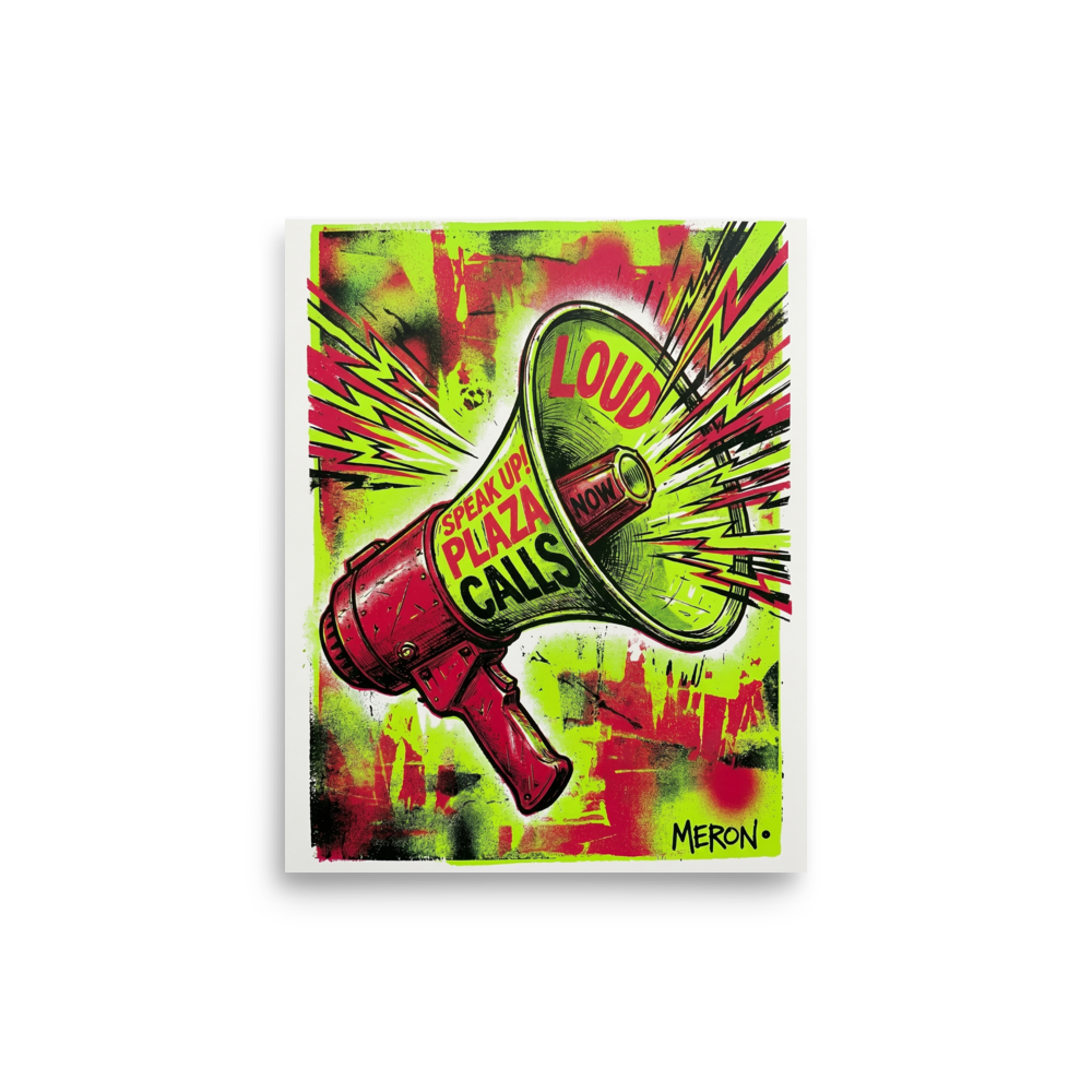'Loud & Clear' — a Pop art print. A grungy pop art illustration of a red megaphone shouting typography like 'LOUD' and 'SPEAK UP!' against a lime green and red background.