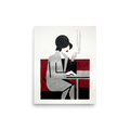 'Café Silhouette' — a Art Deco,Cubism print. A minimalist Art Deco painting of a stylized woman smoking a cigarette at a table, using black, silver, and red geometric shapes, ideal for a Bedroom or Lounge.