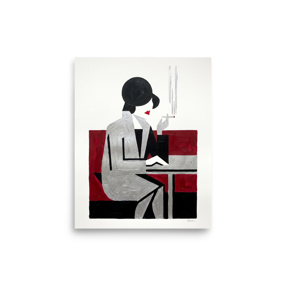 'Café Silhouette' — a Art Deco,Cubism print. A minimalist Art Deco painting of a stylized woman smoking a cigarette at a table, using black, silver, and red geometric shapes, ideal for a Bedroom or Lounge.