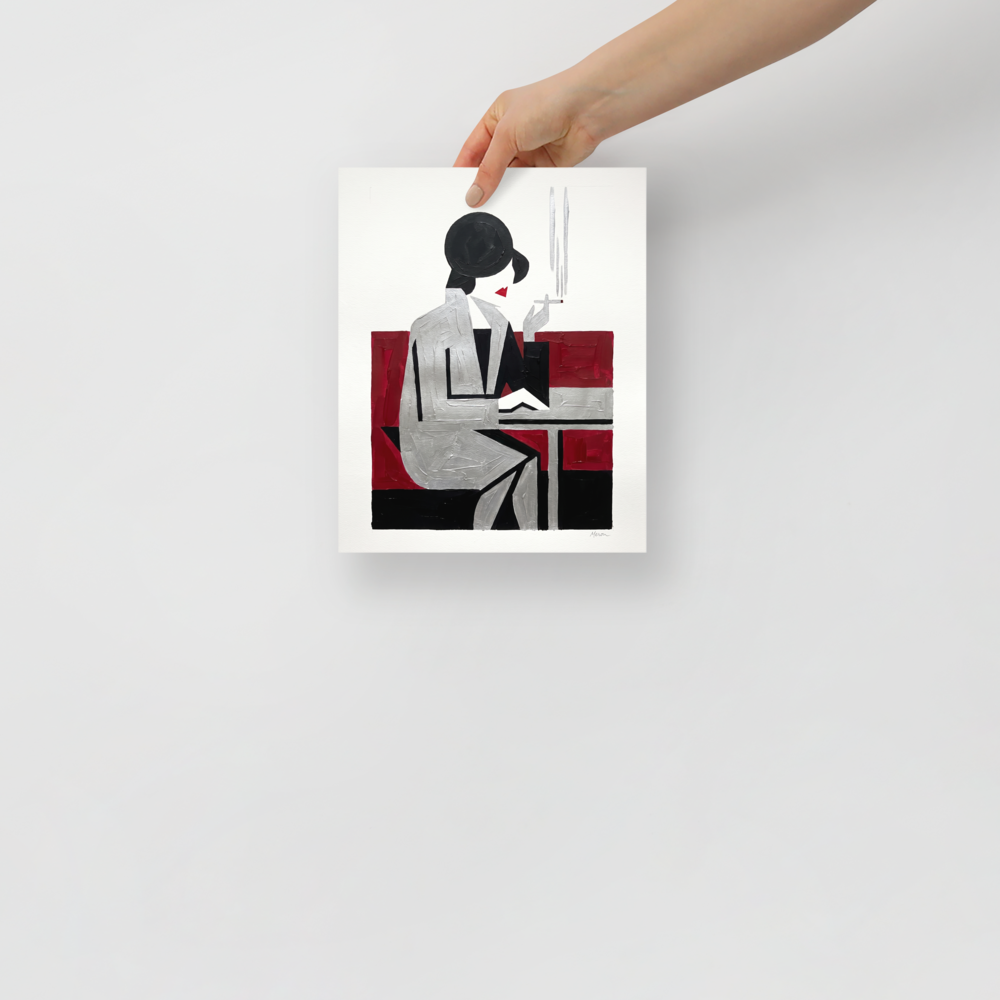 'Café Silhouette' — a Art Deco,Cubism print. A minimalist Art Deco painting of a stylized woman smoking a cigarette at a table, using black, silver, and red geometric shapes, ideal for a Bedroom or Lounge.