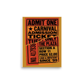 'Torn Admission' — a Pop art print. A vintage orange and black torn carnival admission ticket, perfect for a lively Game Room.