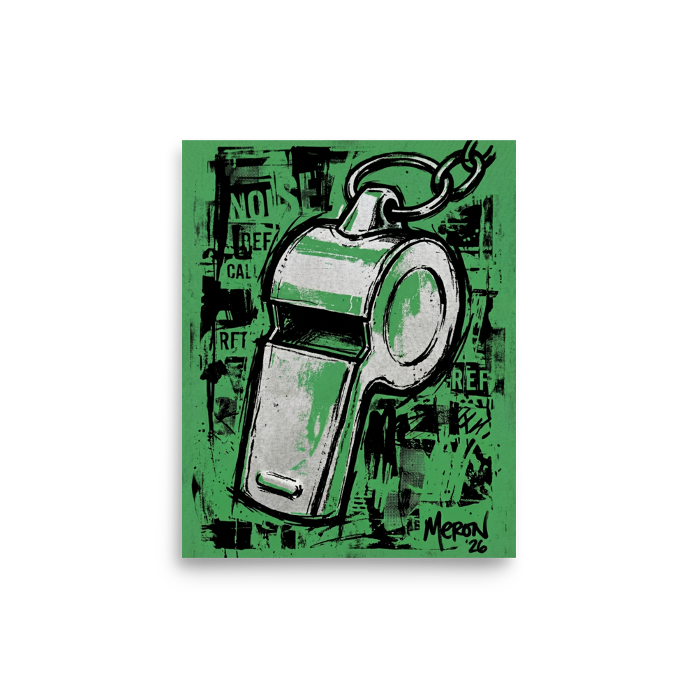 'The Referee's Call' — a Pop art print. A Pop Art style illustration of a silver sports whistle on a textured green background, ideal for a Game Room or Man Cave.