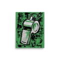 'The Referee's Call' — a Pop art print. A Pop Art style illustration of a silver sports whistle on a textured green background, ideal for a Game Room or Man Cave.