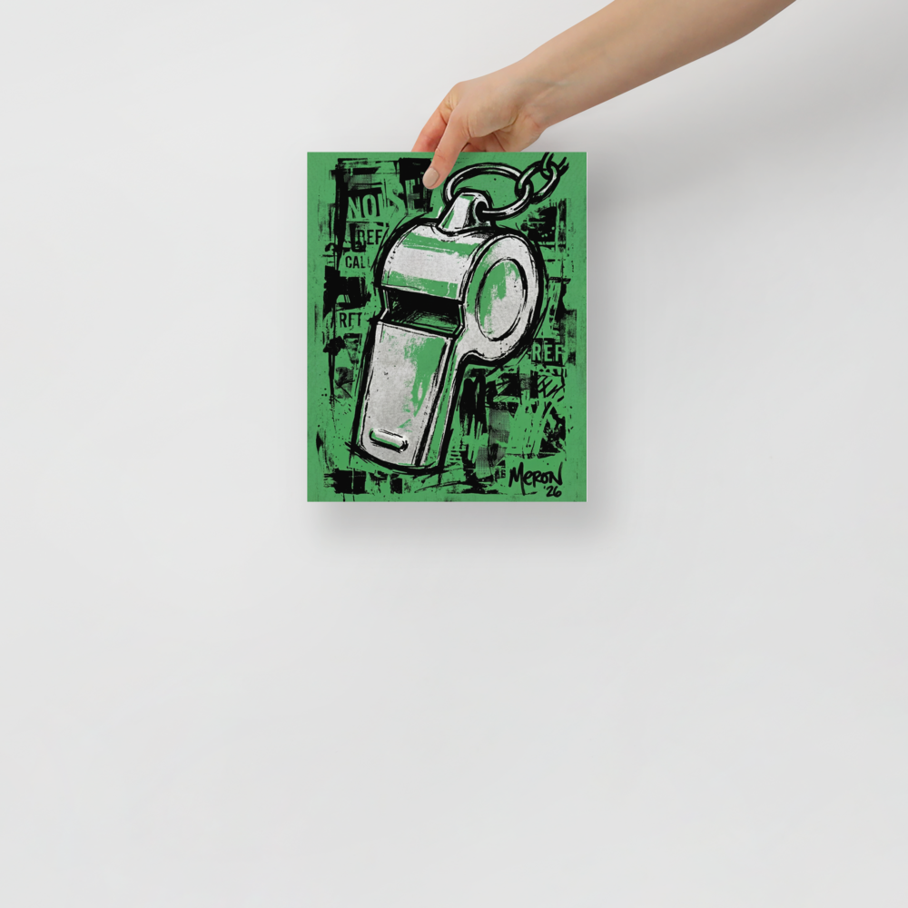 'The Referee's Call' — a Pop art print. A Pop Art style illustration of a silver sports whistle on a textured green background, ideal for a Game Room or Man Cave.